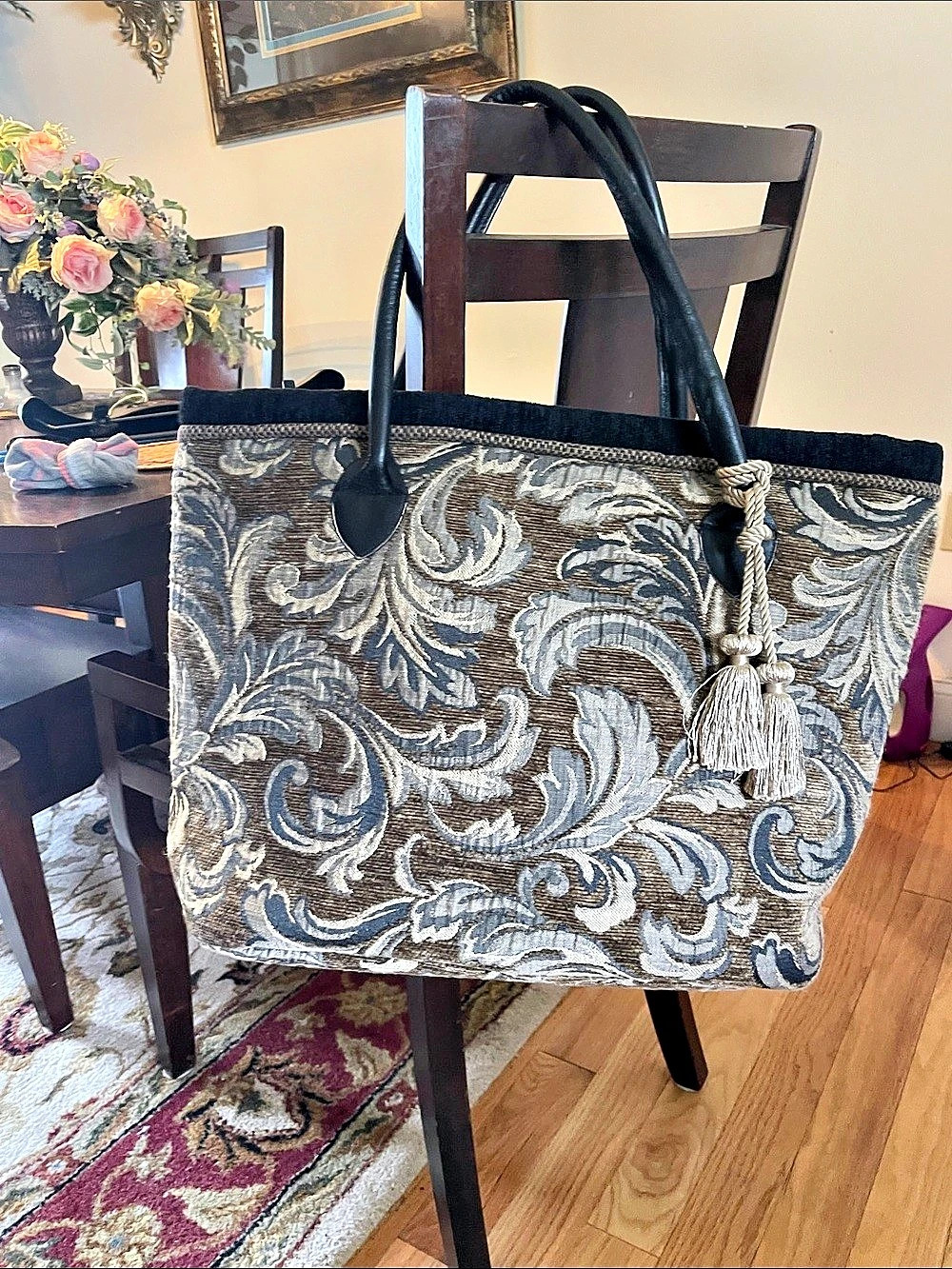 Isabella’s Journey Vintage Brown/Tan/Black Tapestry Tote Bag with Tassel Accent